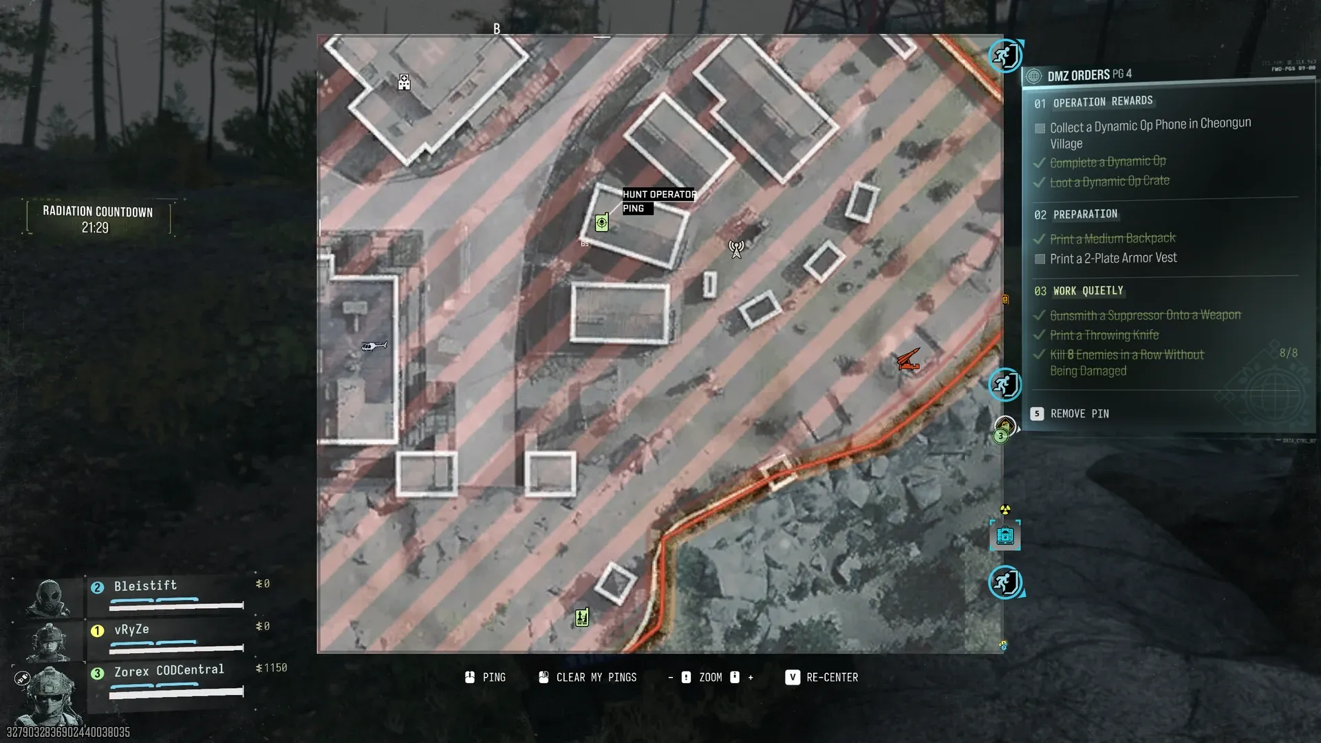 MW4 DMZ tac map with the Hunt Operator Dynamic Op marker in grid B5 inside a red high-threat zone
