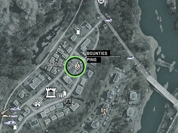 MW4 DMZ tac map of Deadtown with the Bounties station icon at grid B7 circled