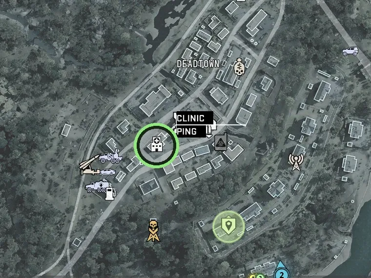 MW4 DMZ tac map of Deadtown with the clinic icon at grid B7 circled