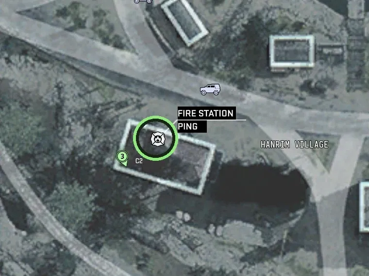 MW4 DMZ tac map with the fire station icon at grid C2 in Hanrim Village circled