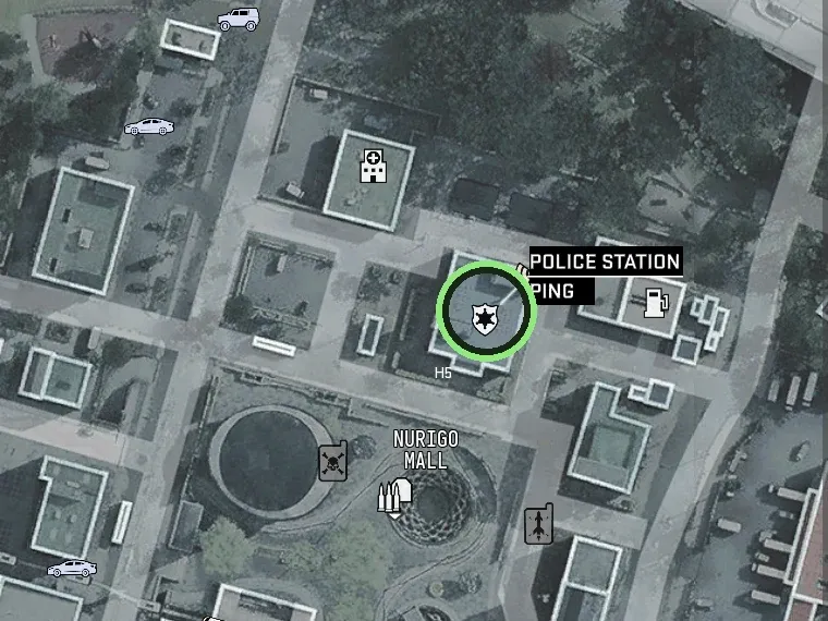 MW4 DMZ tac map with the police station icon at grid H5 next to NuriGO Mall circled
