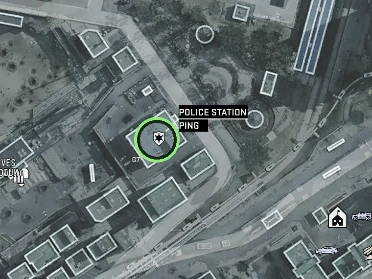 MW4 DMZ tac map with the police station icon at grid G7 by Wolves Stadium circled