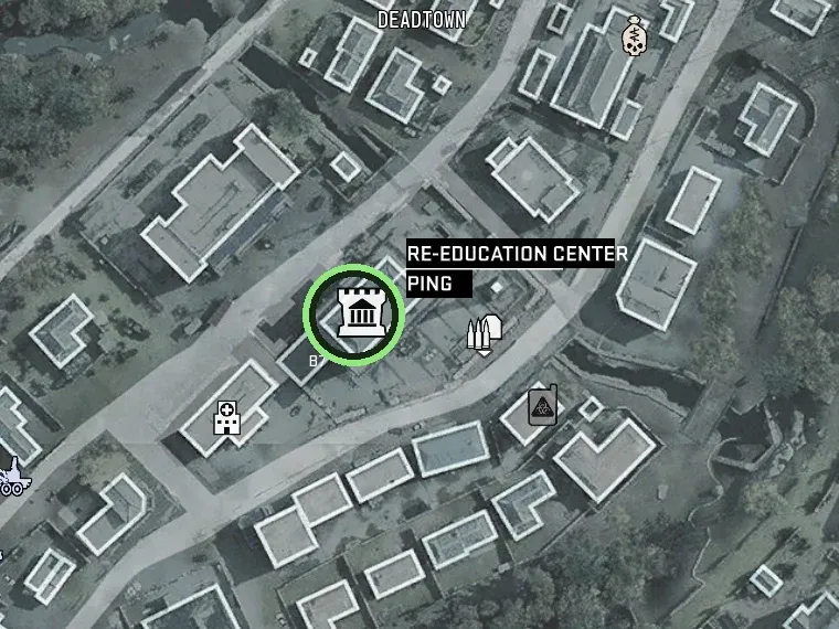 MW4 DMZ tac map of Deadtown with the Re-Education Center icon at grid B7 circled