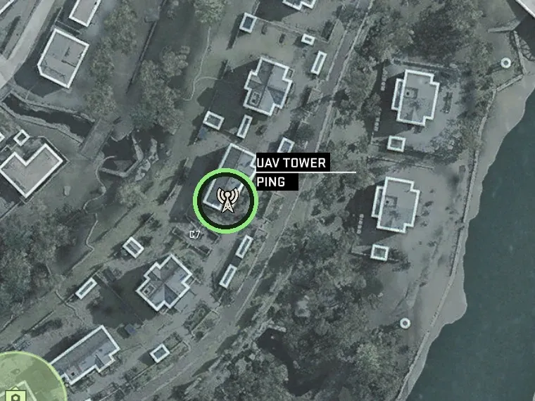 MW4 DMZ tac map of Deadtown with a UAV tower icon at grid C7 circled