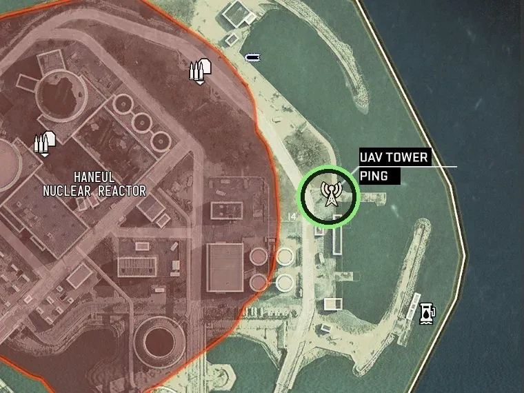 MW4 DMZ tac map of the Haneul Nuclear Reactor with a UAV tower icon at grid I4 circled
