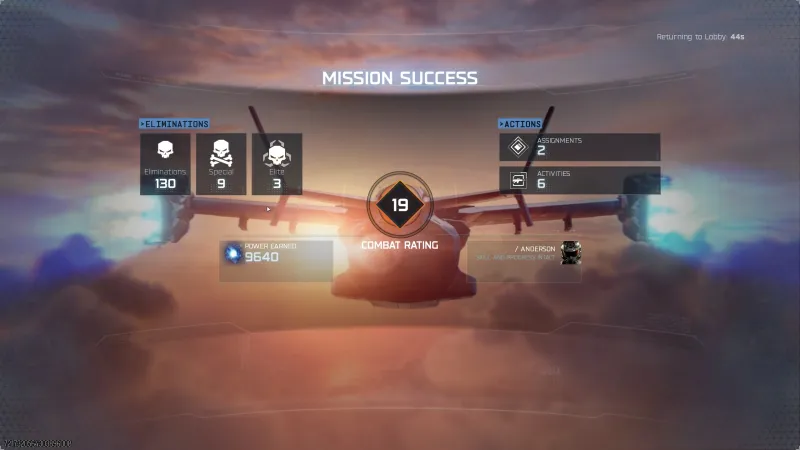 Mission Success summary screen showing 130 eliminations, Combat Rating 19, 2 assignments, 6 activities, and 9640 power earned