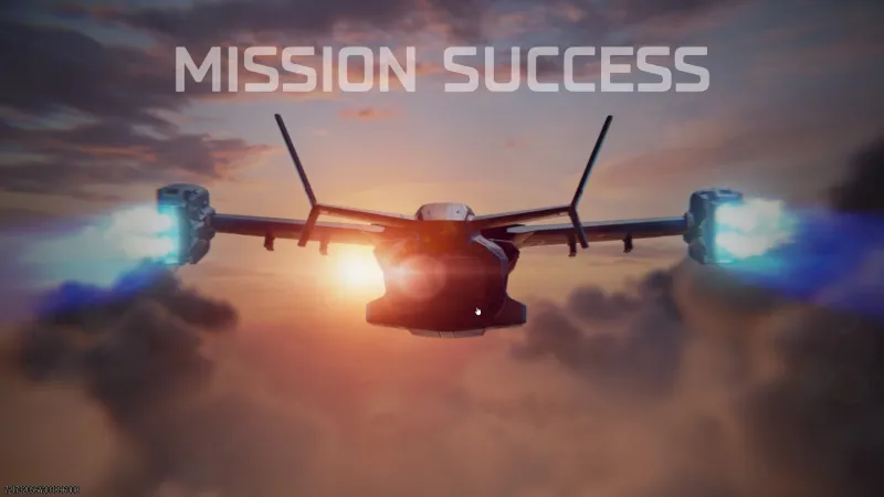 Mission Success cinematic showing the VTOL flying into the sunset after a successful extraction from Avalon