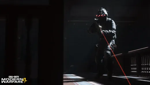 A Task Force 141 operator with a laser sight in a dark corridor during the hunt for Price in the MW4 campaign