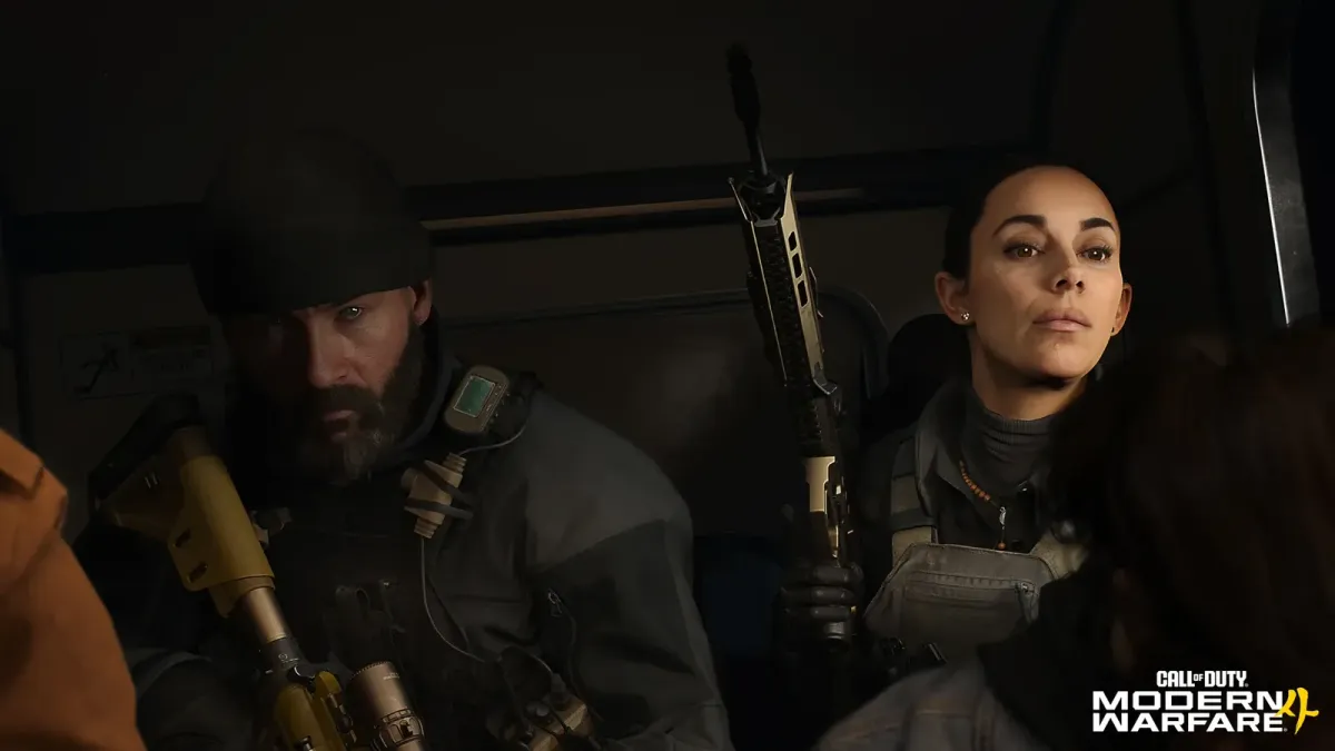 Captain Price and Valeria Garza sitting together in the back of a vehicle in the MW4 campaign trailer