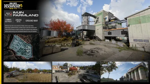 Official MW4 Combat Outpost card for Imjin Farmland, a Ground War map in the Hajin countryside, marked 24v24 for the beta