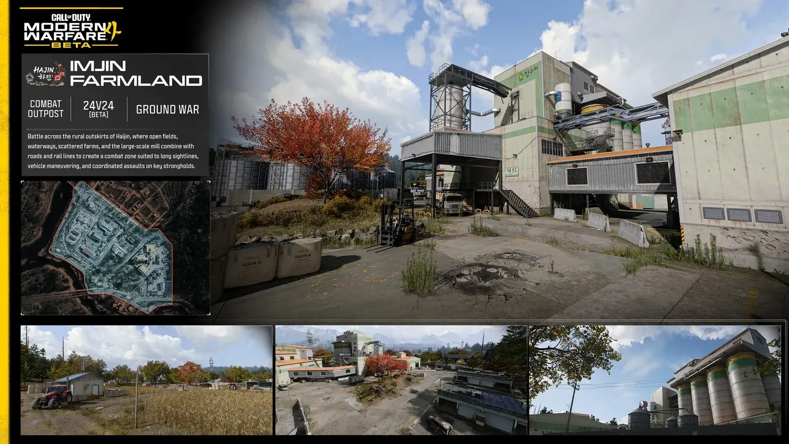 Official MW4 Combat Outpost card for Imjin Farmland, a Ground War map in the Hajin countryside, marked 24v24 for the beta