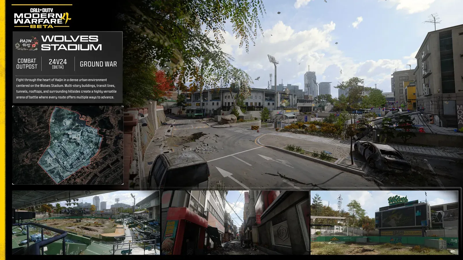 Official MW4 Combat Outpost card for Wolves Stadium, a Ground War map in Hajin City, marked 24v24 for the beta
