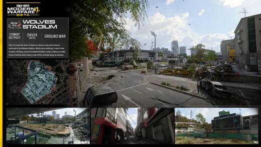 Official MW4 Combat Outpost card for Wolves Stadium, a Ground War map in Hajin City, marked 24v24 for the beta