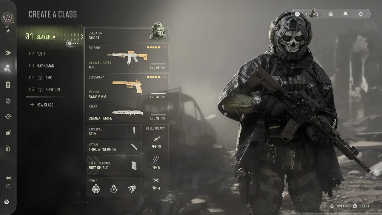 MW4 Create-a-Class screen showing a per-loadout Operator slot for Ghost and a dedicated Killstreak set