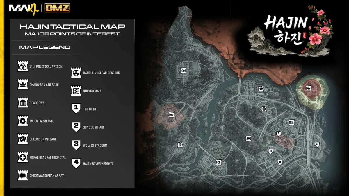 Official Hajin tactical map for MW4 DMZ showing the major points of interest across the Exclusion Zone