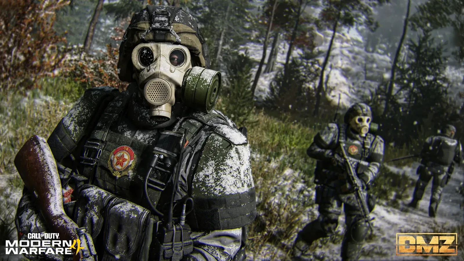 Snow-covered enemy soldiers in gas masks patrol a winter forest in the MW4 DMZ Hajin Exclusion Zone