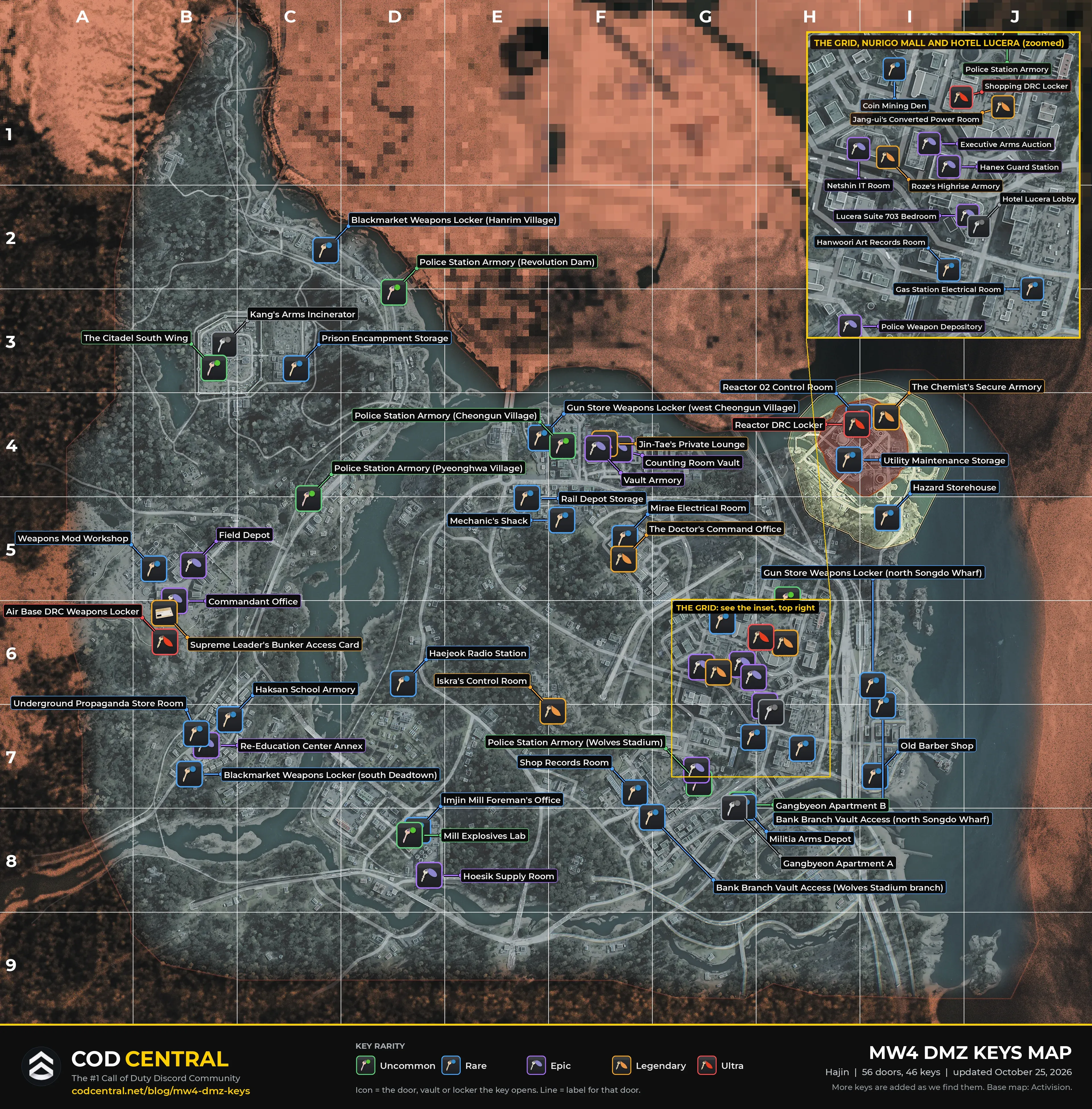 MW4 DMZ keys map: every key door, vault and locker on the Hajin map, each marked with the in-game key icon in its rarity colour and labelled with the key name, with a zoomed inset of The Grid, NuriGO Mall and Hotel Lucera and the A to J and 1 to 9 grid, by COD Central