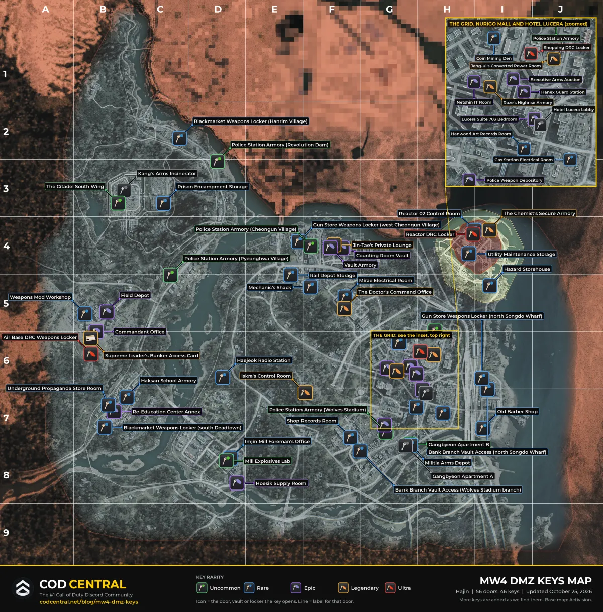 MW4 DMZ keys map: every key door, vault and locker on the Hajin map, each marked with the in-game key icon in its rarity colour and labelled with the key name, with a zoomed inset of The Grid, NuriGO Mall and Hotel Lucera and the A to J and 1 to 9 grid, by COD Central