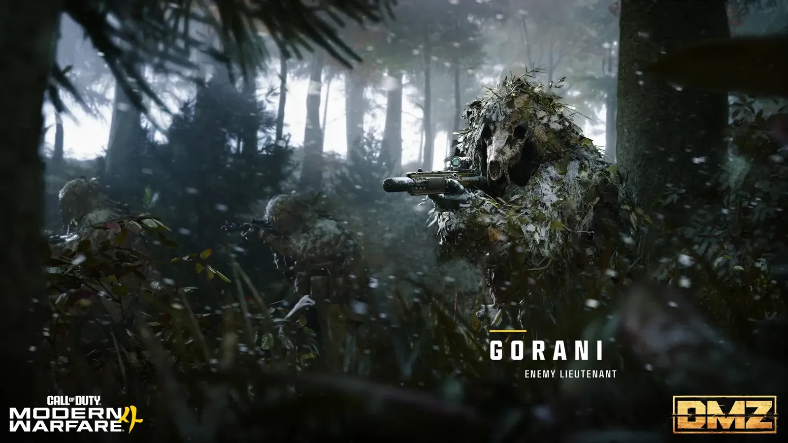 Lieutenant Gorani, an enemy boss in a ghillie suit aiming a pistol in a snowy MW4 DMZ forest