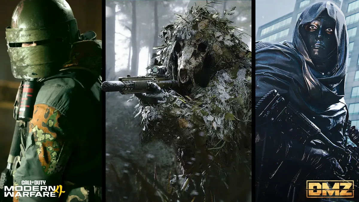 Three MW4 DMZ Lieutenants: a green-armored soldier, the ghillie-suited Gorani wearing a deer skull, and a hooded operative