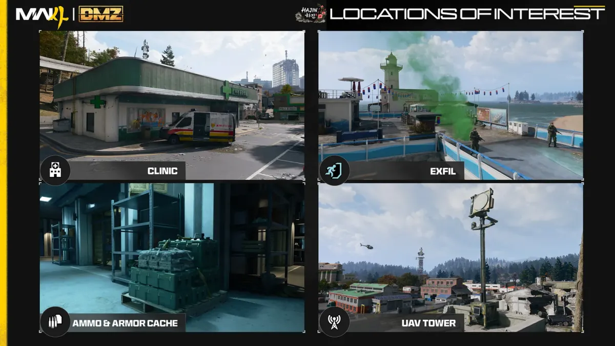 Official MW4 DMZ intel card showing a Clinic, an Exfil point with green smoke, an Ammo and Armor Cache and a UAV Tower