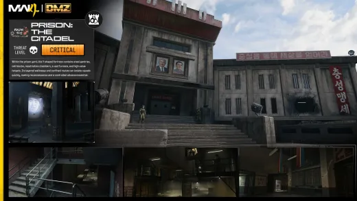 Official MW4 DMZ intel card for the Citadel inside the 14th Political Prison, rated Critical threat