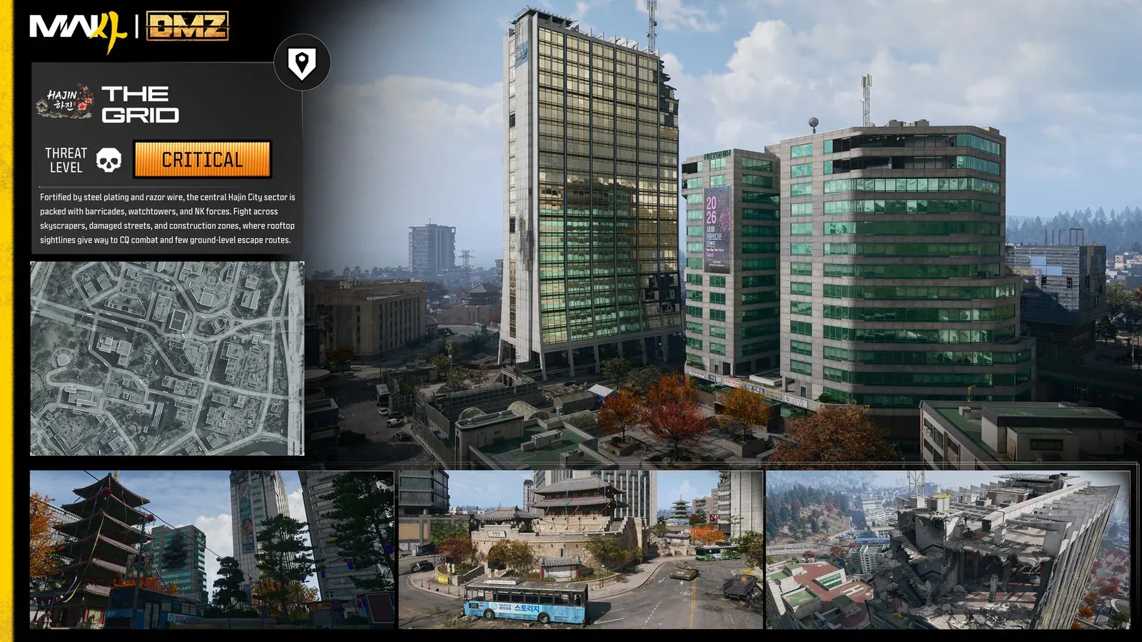 Official MW4 DMZ intel card for The Grid in central Hajin City, rated Critical threat