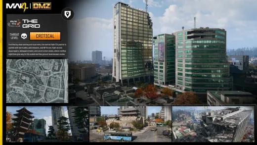 Official MW4 DMZ intel card for The Grid in central Hajin City, rated Critical threat