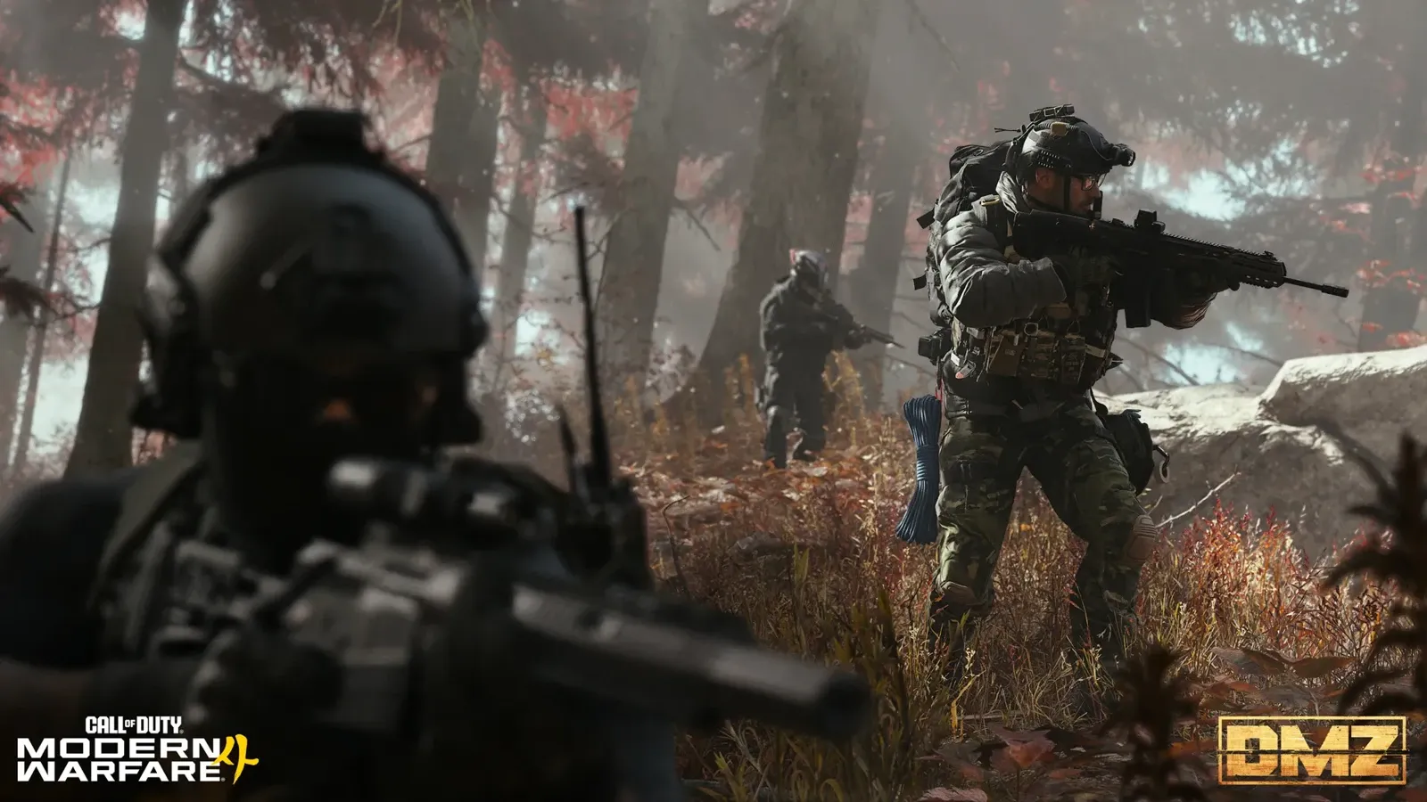 MW4 DMZ tactical squad advancing through an autumn forest during a Dynamic Operation in Hajin