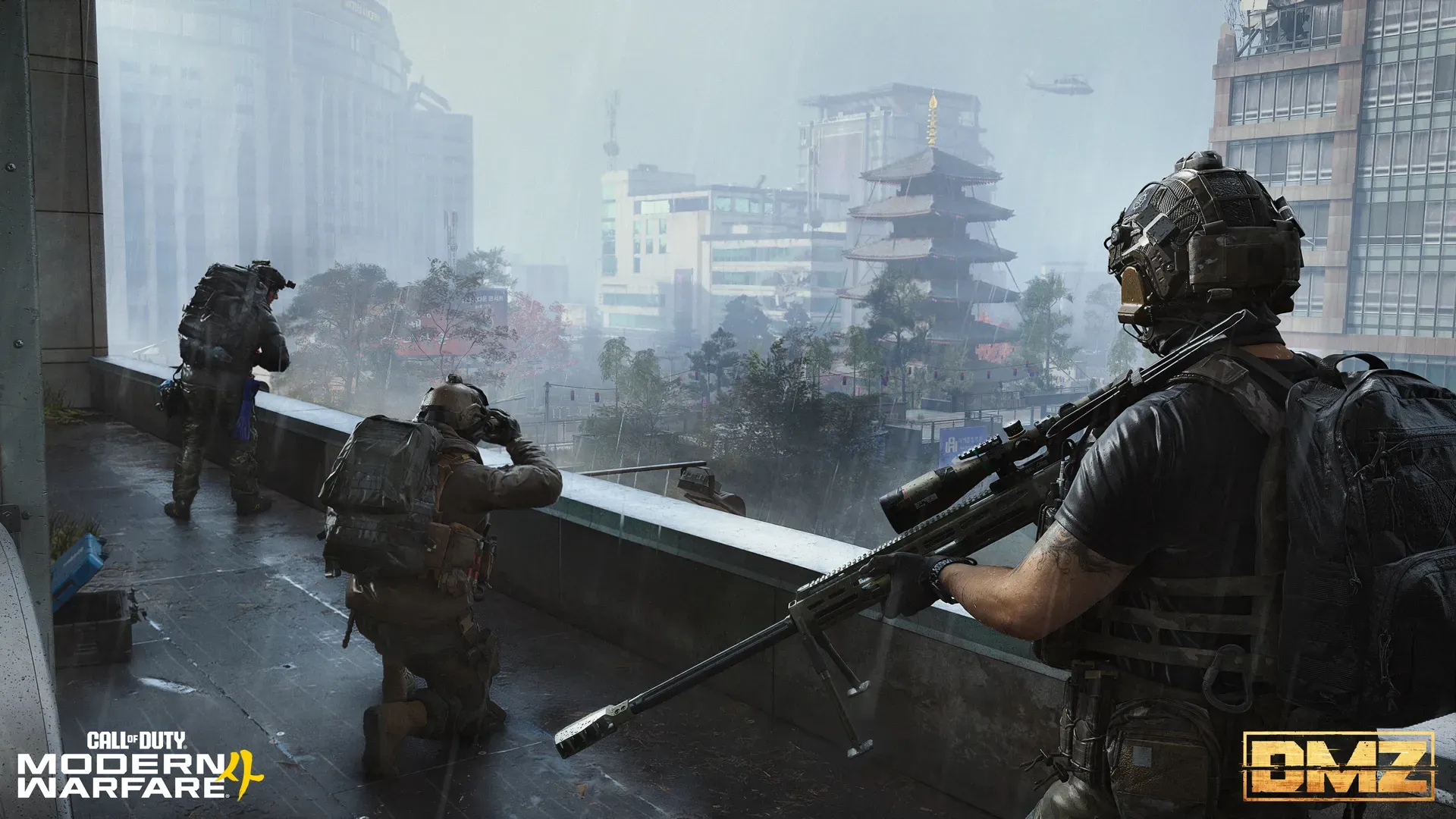 MW4 DMZ squad overlooking the Hajin map with tactical gear