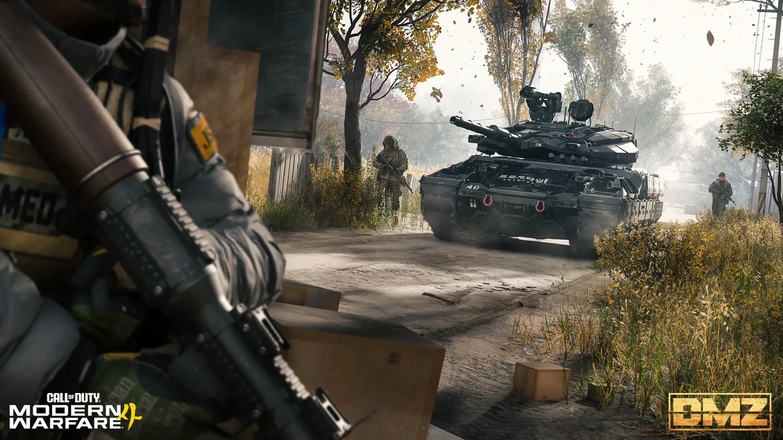 Enemy tank rolling down a rural road with infantry support during MW4 DMZ AI escalation