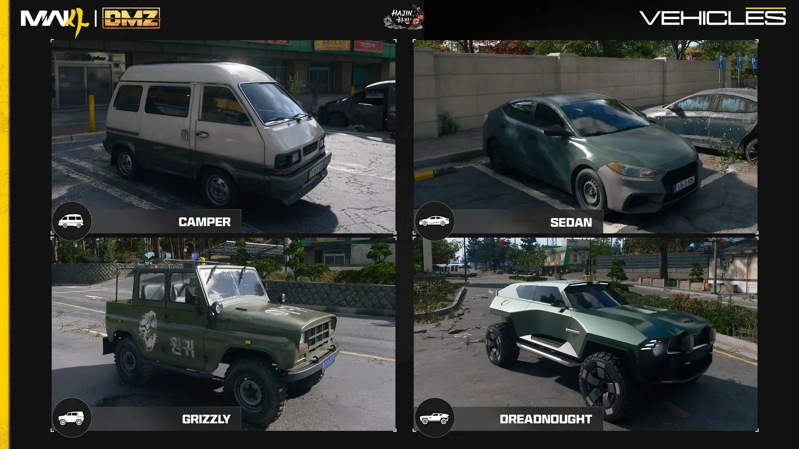 Official MW4 DMZ vehicle card showing the Camper, Sedan, Grizzly and Aston Martin Dreadnought