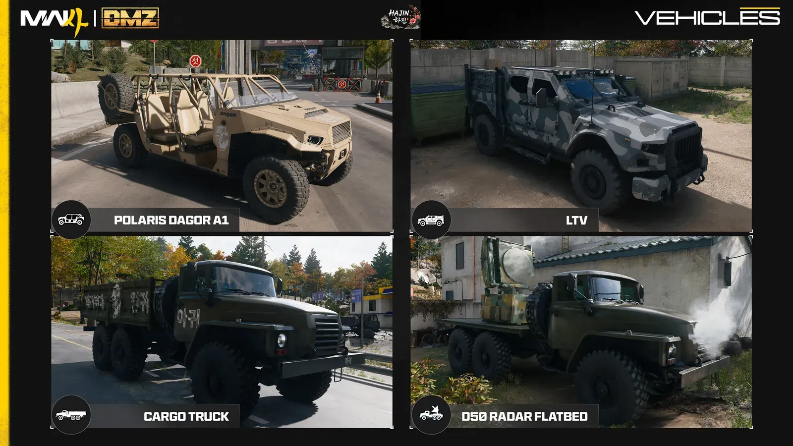 Official MW4 DMZ vehicle card showing the Polaris Dagor A1, LTV, Cargo Truck and D50 Radar Flatbed