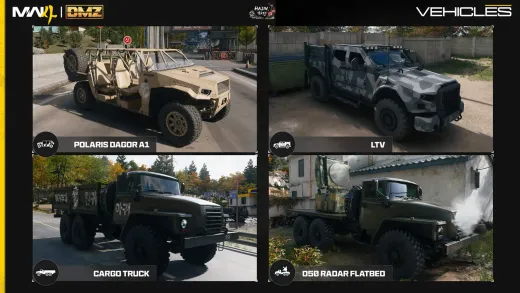 Official MW4 DMZ vehicle card showing the Polaris Dagor A1, LTV, Cargo Truck and D50 Radar Flatbed