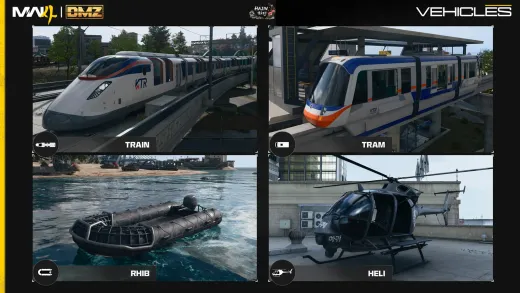 Official MW4 DMZ vehicle card showing the Train, Tram, RHIB and Heli