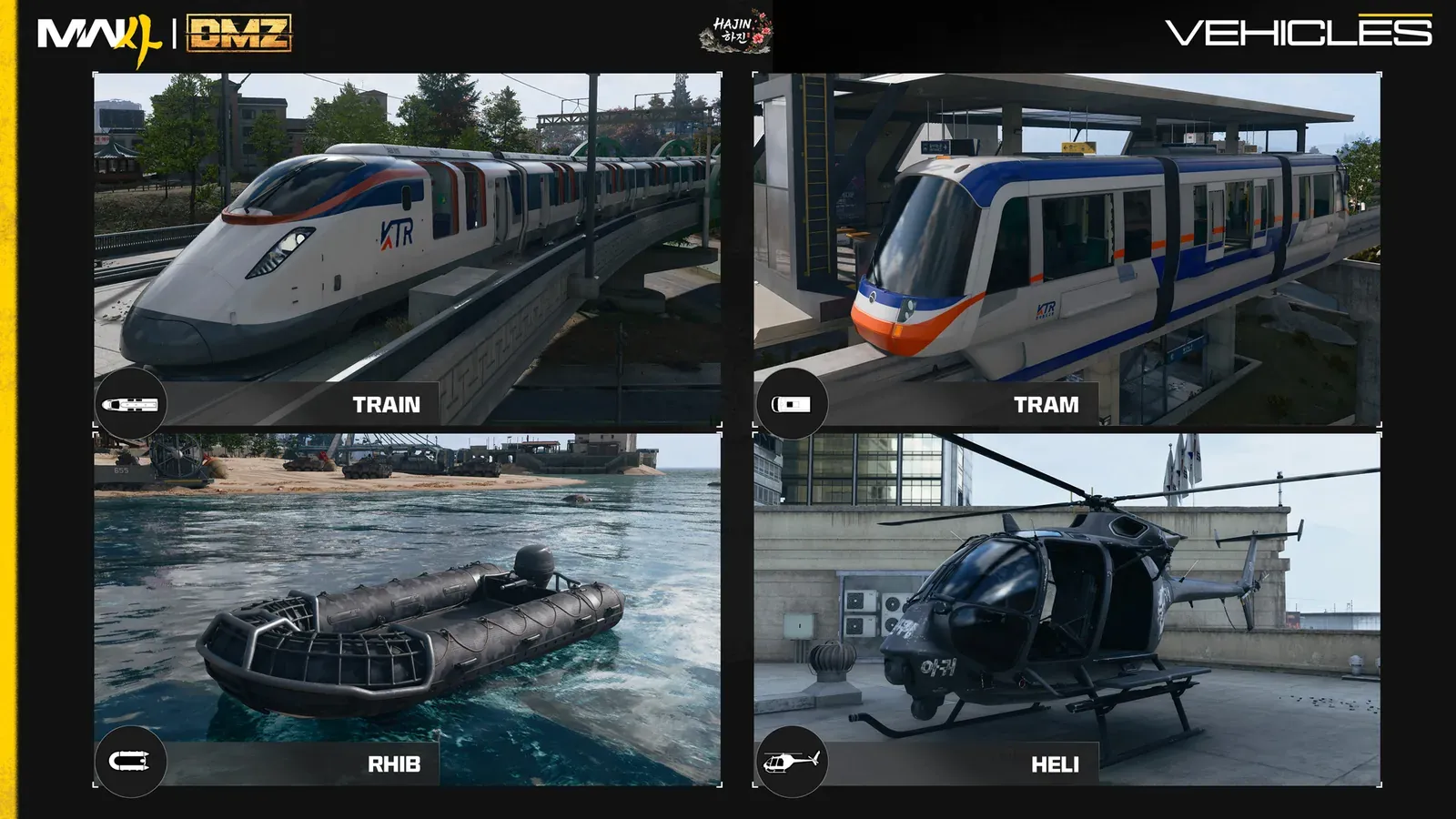 Official MW4 DMZ vehicle card showing the Train, Tram, RHIB and Heli