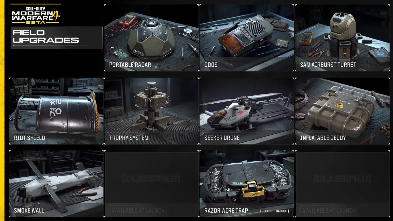 Official MW4 beta Field Upgrades screen showing Portable Radar, DDoS, SAM Airburst Turret, Riot Shield, Trophy System, Seeker Drone, Inflatable Decoy, Smoke Wall and Razor Wire Trap