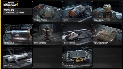 Official MW4 beta Field Upgrades screen showing Portable Radar, DDoS, SAM Airburst Turret, Riot Shield, Trophy System, Seeker Drone, Inflatable Decoy, Smoke Wall and Razor Wire Trap