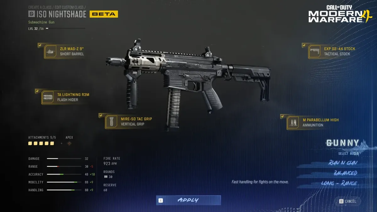The Gunny attachment optimizer screen in MW4 suggesting a Balanced build for the ISO Nightshade
