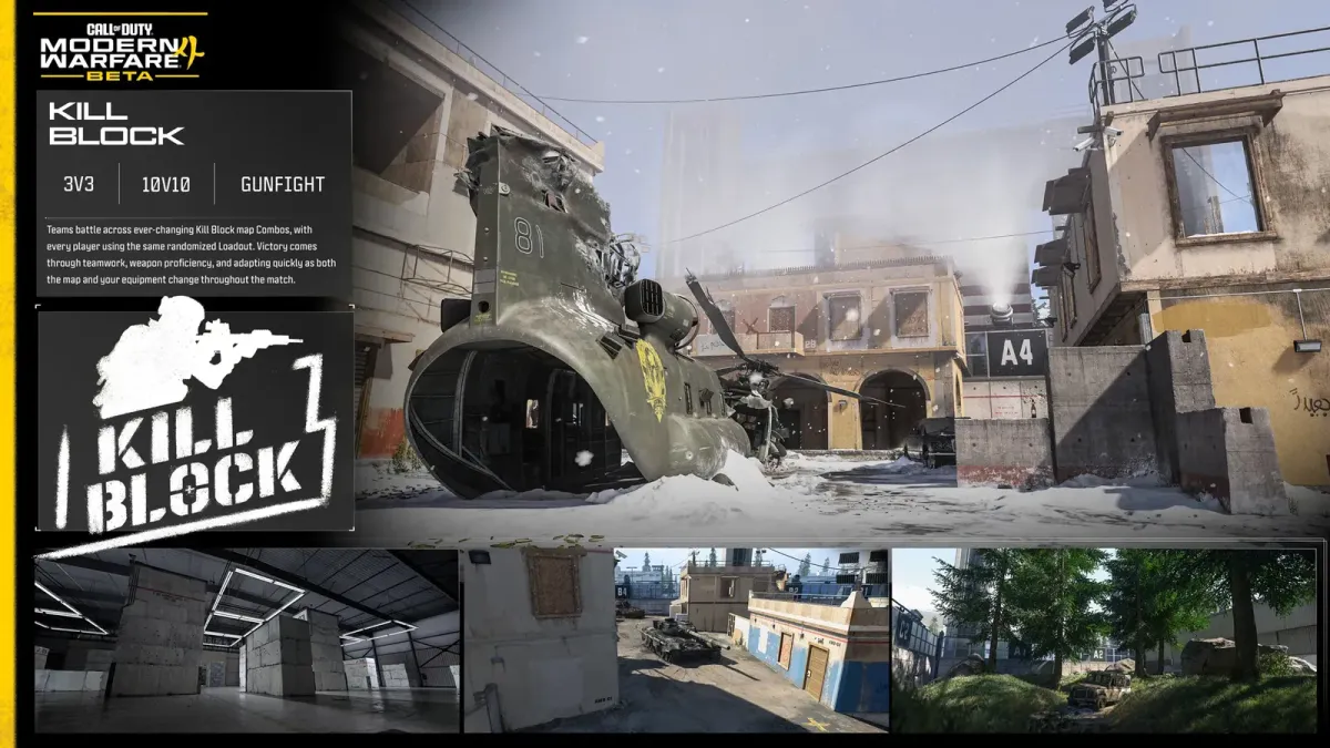 Official MW4 map card for Kill Block, the Westbridge Training Facility Gunfight arena, with 3v3 and 10v10 labels