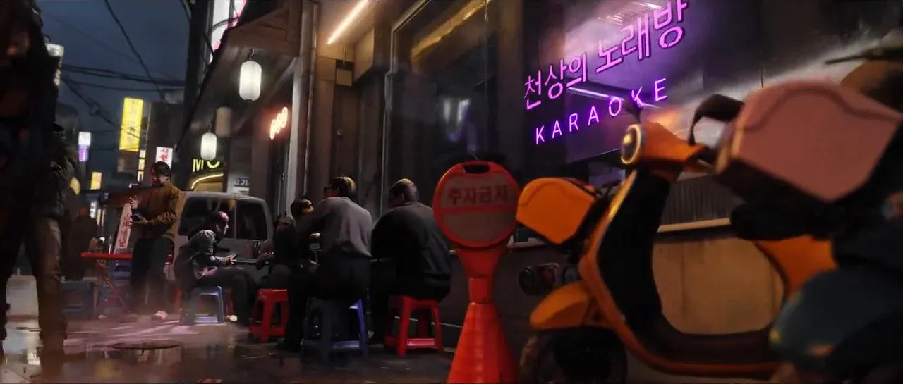 Korean street scene from the MW4 reveal trailer showing neon-lit karaoke bars and civilian life before the invasion