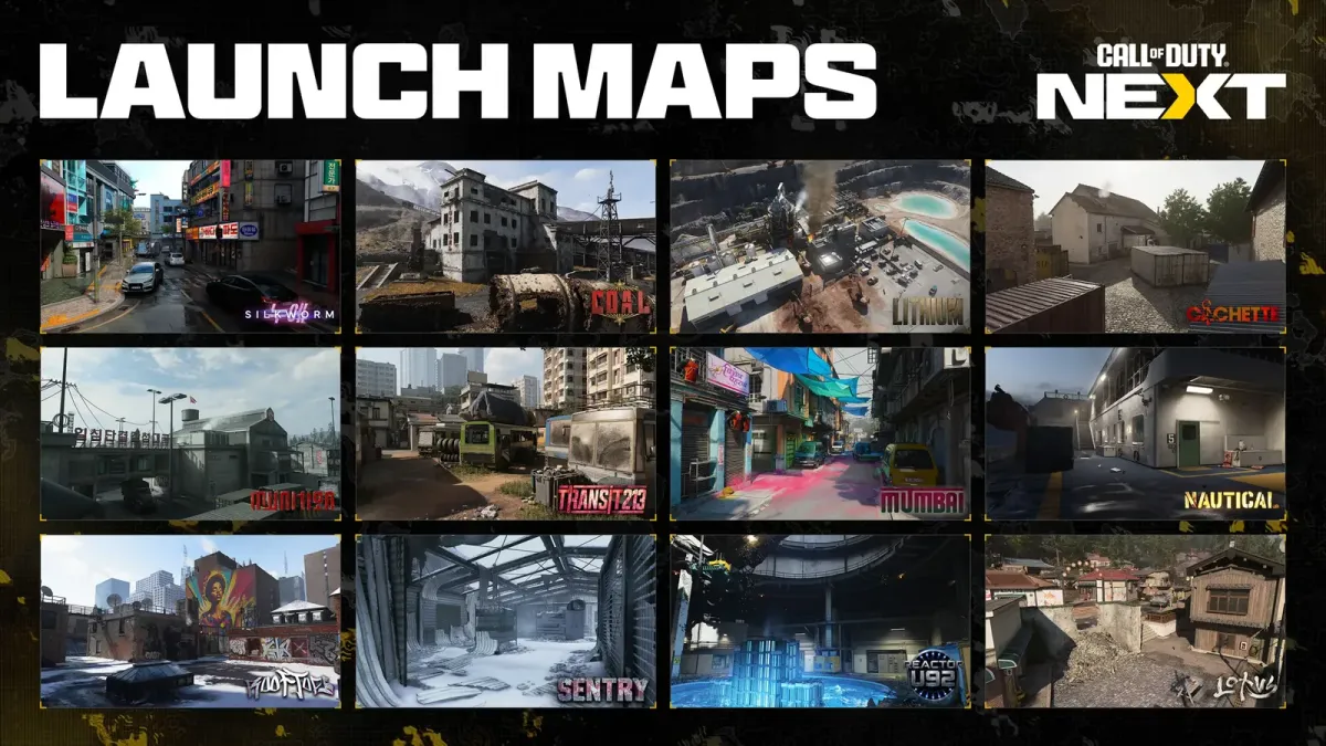 Official Call of Duty NEXT graphic showing all 12 Modern Warfare 4 launch maps