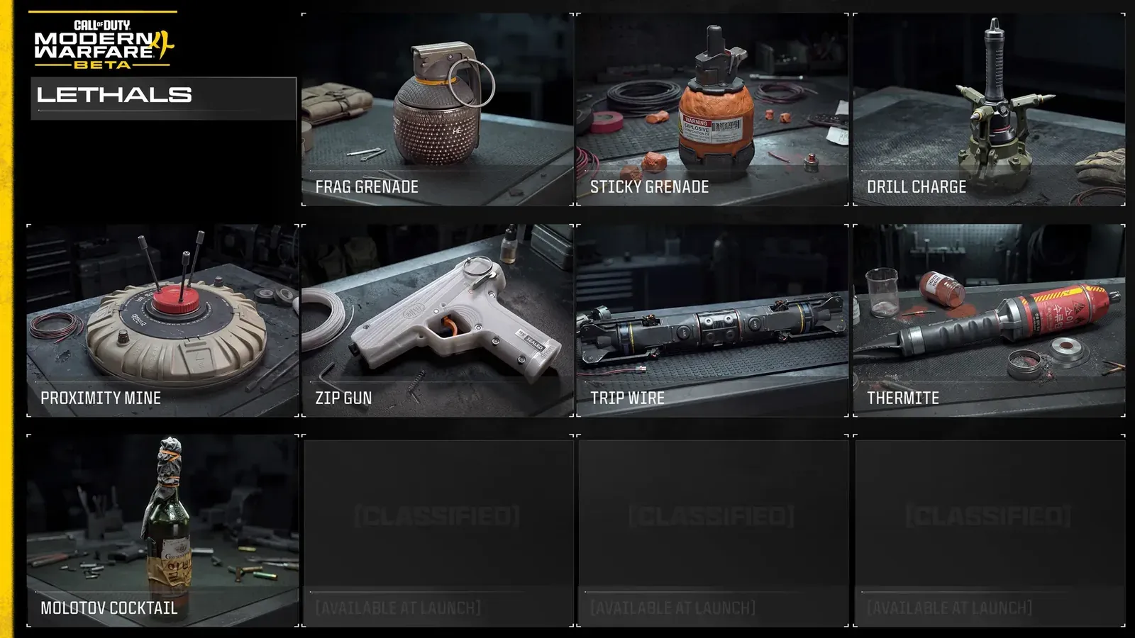 Official MW4 beta Lethals screen showing Frag Grenade, Sticky Grenade, Drill Charge, Proximity Mine, Zip Gun, Trip Wire, Thermite and Molotov Cocktail