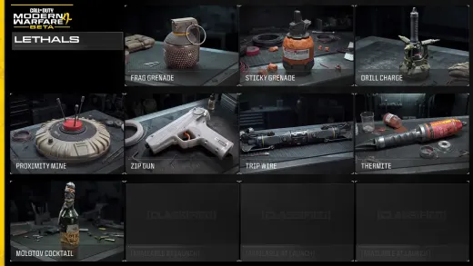 Official MW4 beta Lethals screen showing Frag Grenade, Sticky Grenade, Drill Charge, Proximity Mine, Zip Gun, Trip Wire, Thermite and Molotov Cocktail