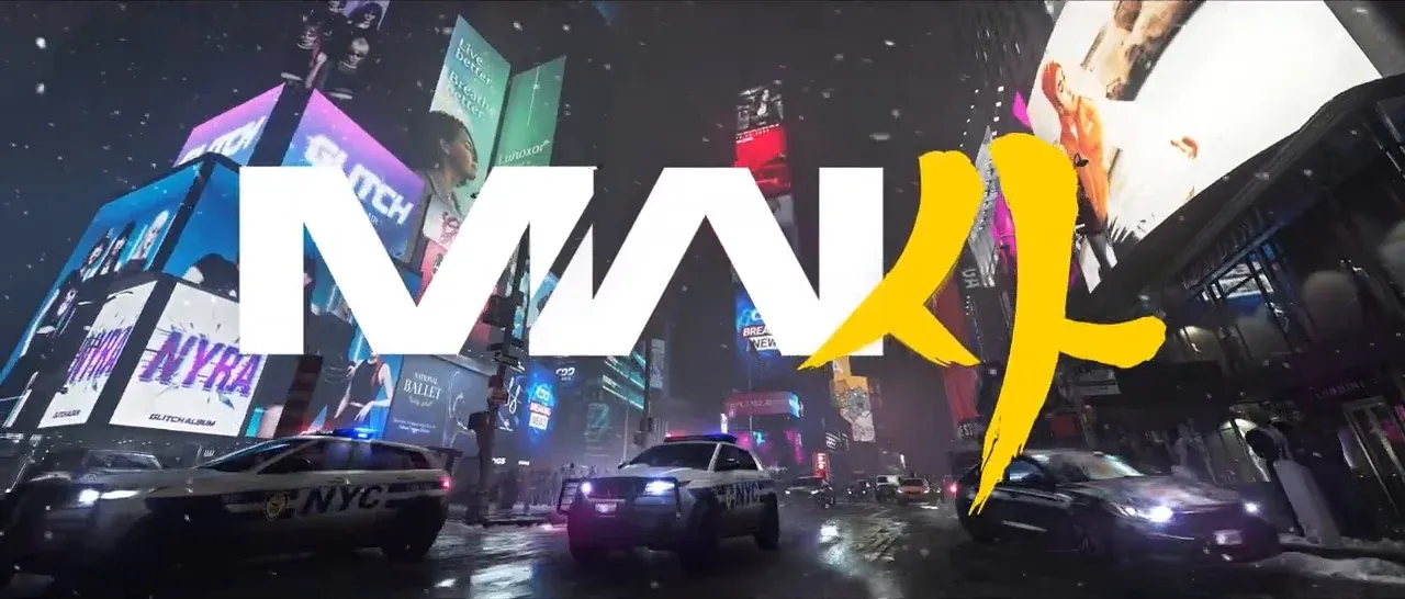 MW4 logo reveal over a snowy Times Square in New York City from the announcement trailer