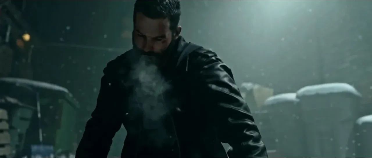 Makarov in a leather jacket during a snowy scene from the MW4 reveal trailer
