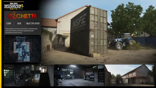Official MW4 map card for Cachette showing the French rail terminal hideout and its minimap