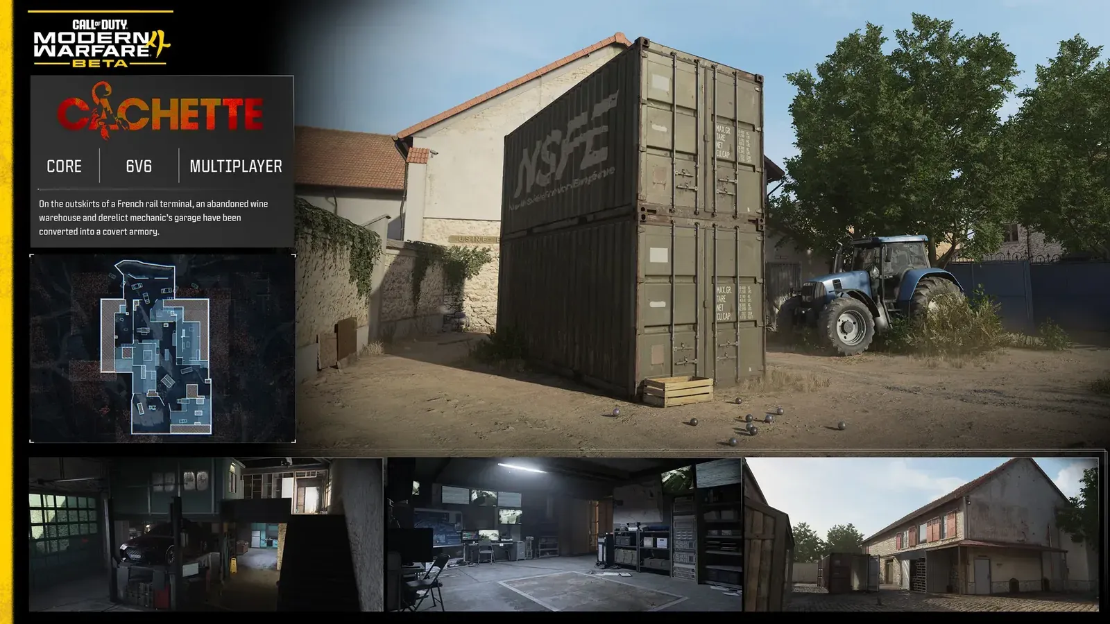 Official MW4 map card for Cachette showing the French rail terminal hideout and its minimap