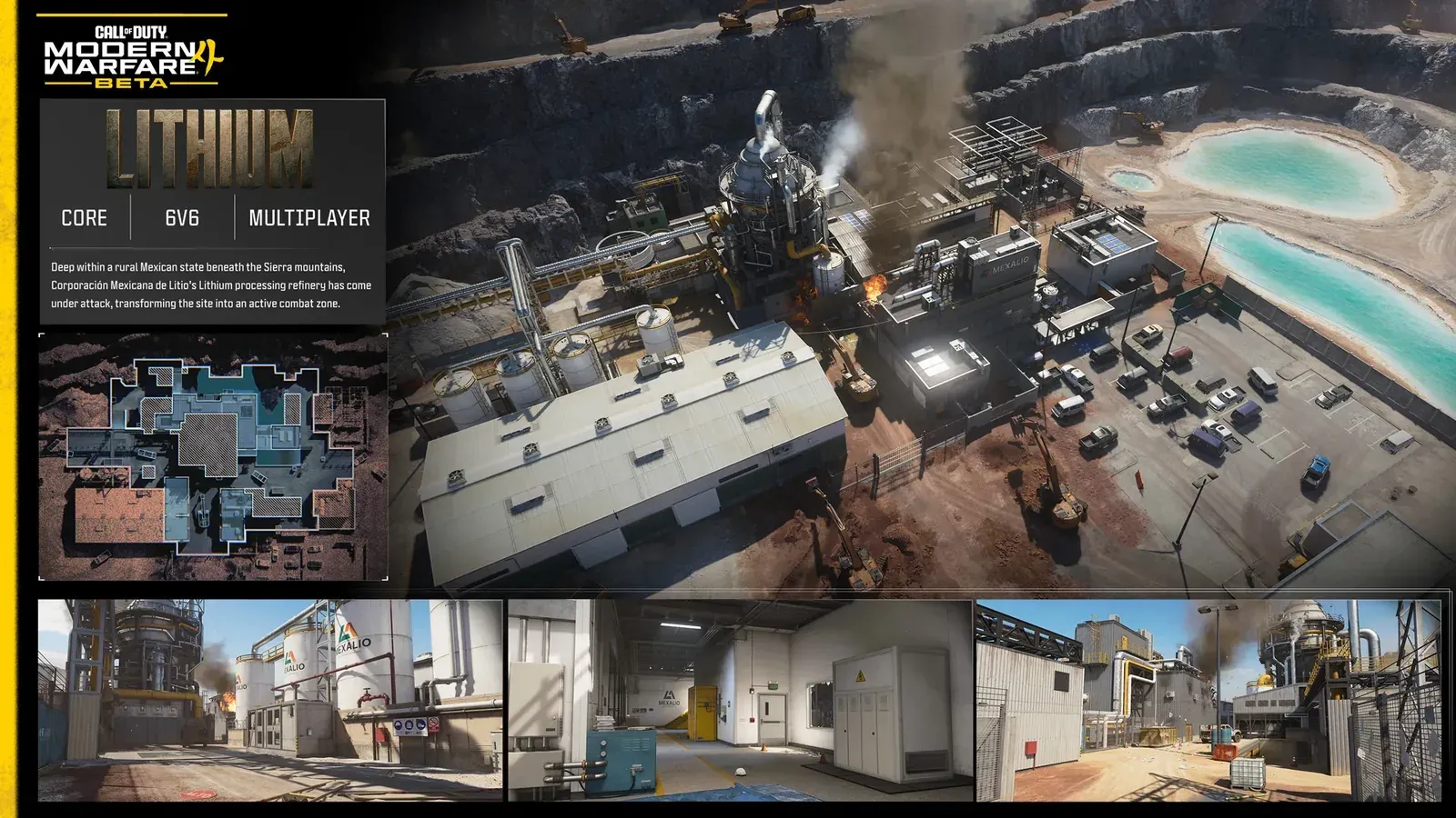 Official MW4 map card for Lithium showing the Mexican lithium refinery and its minimap