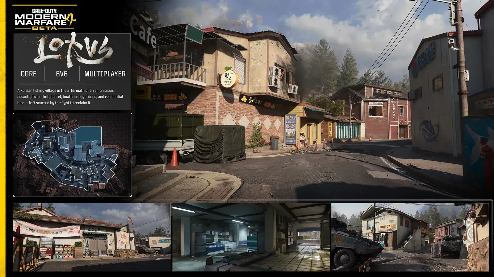 Official MW4 map card for Lotus showing the Korean fishing village and its minimap